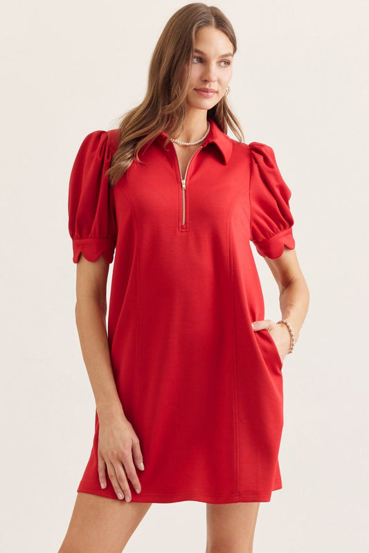 Puff Sleeve Scallop Dress - Red