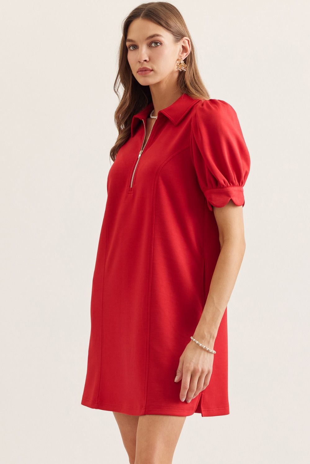 Puff Sleeve Scallop Dress - Red