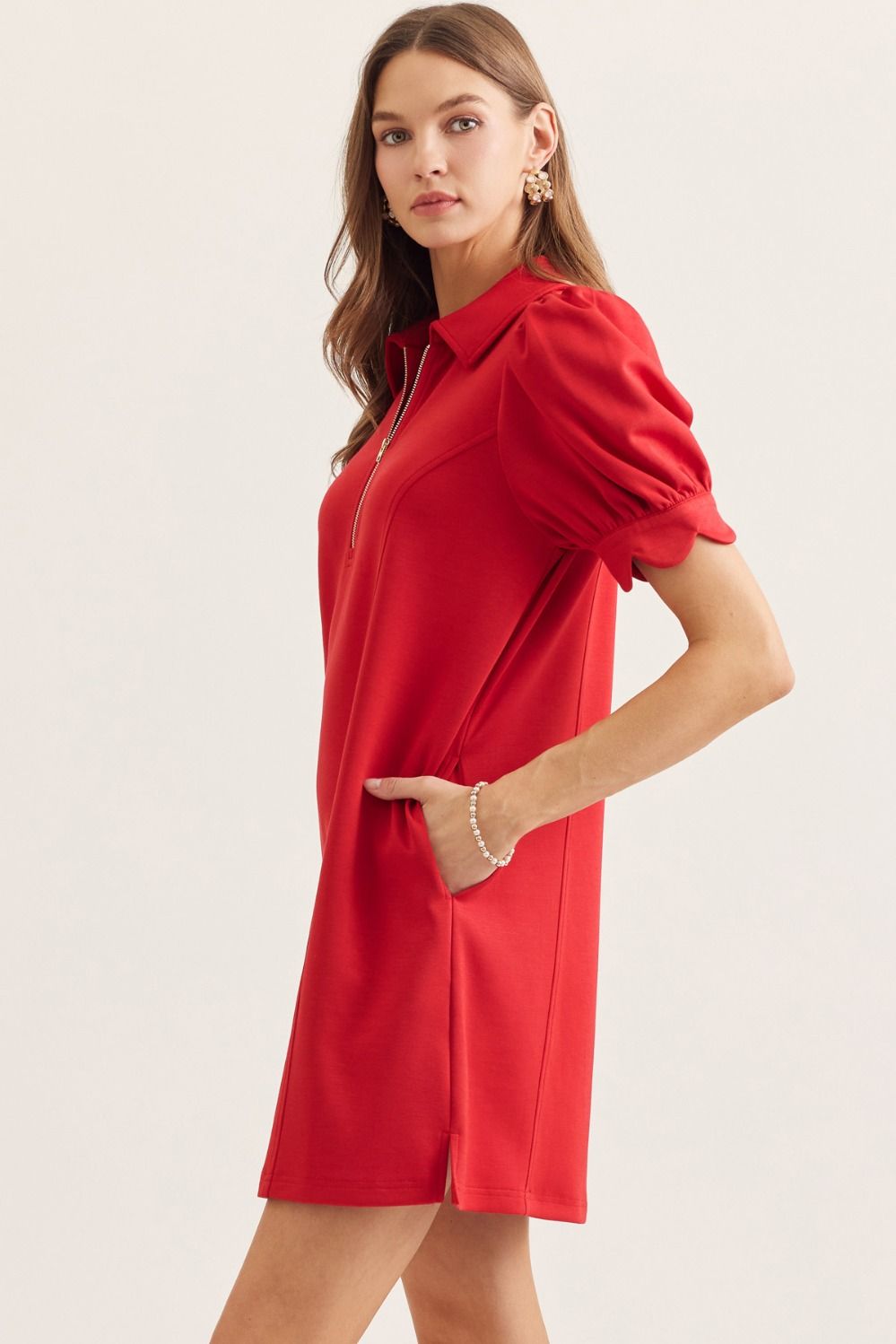 Puff Sleeve Scallop Dress - Red