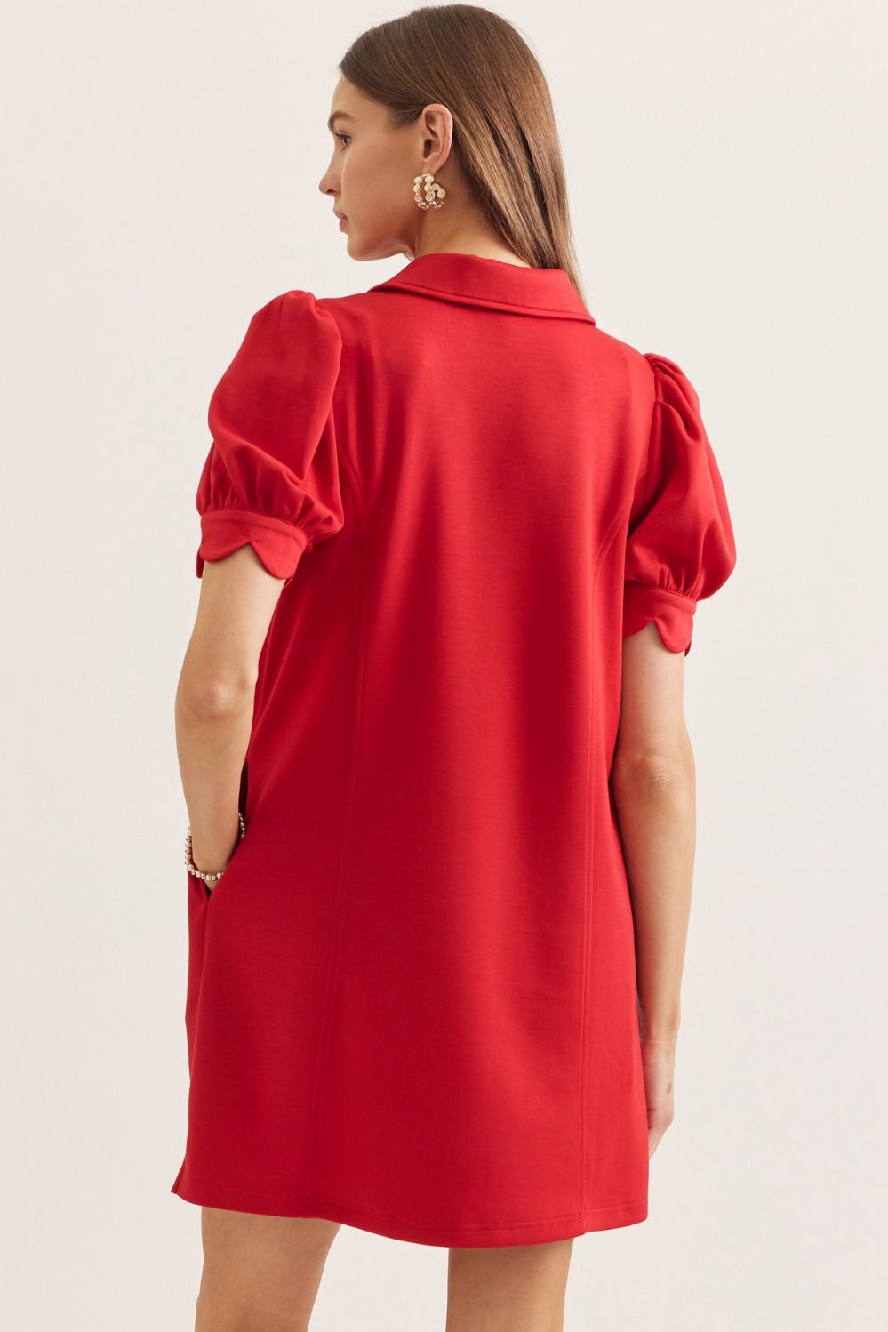 Puff Sleeve Scallop Dress - Red