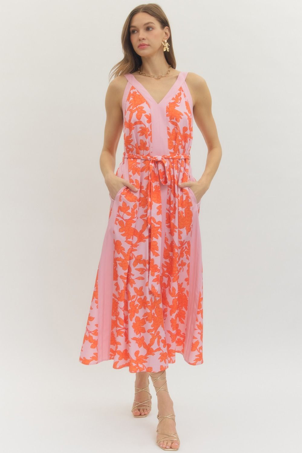 Pink + Orange Floral Midi Dress