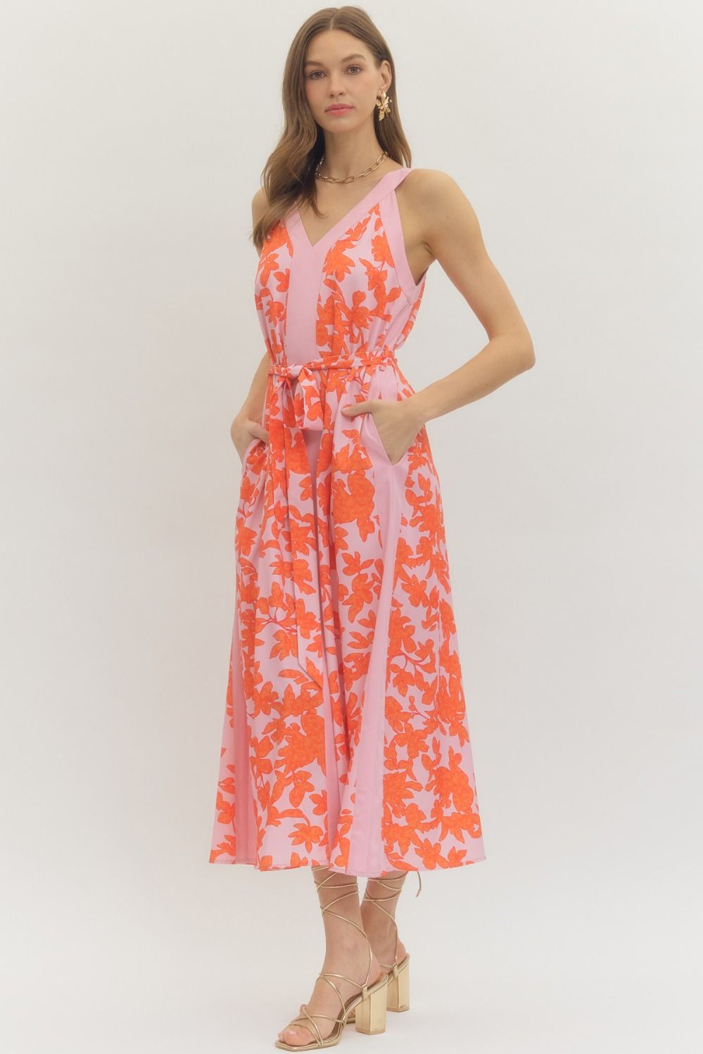 Pink + Orange Floral Midi Dress