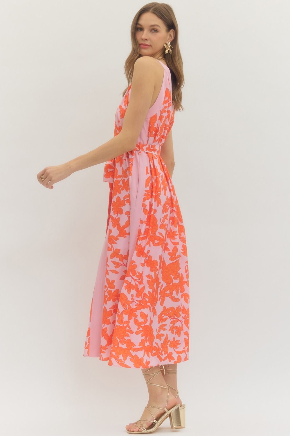 Pink + Orange Floral Midi Dress