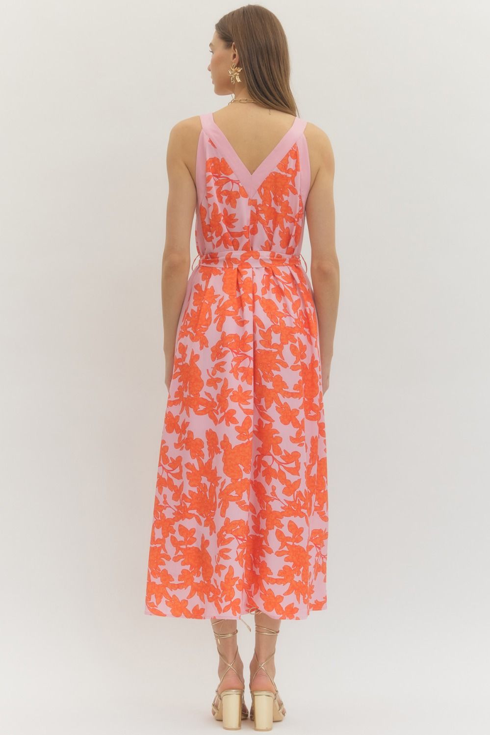 Pink + Orange Floral Midi Dress