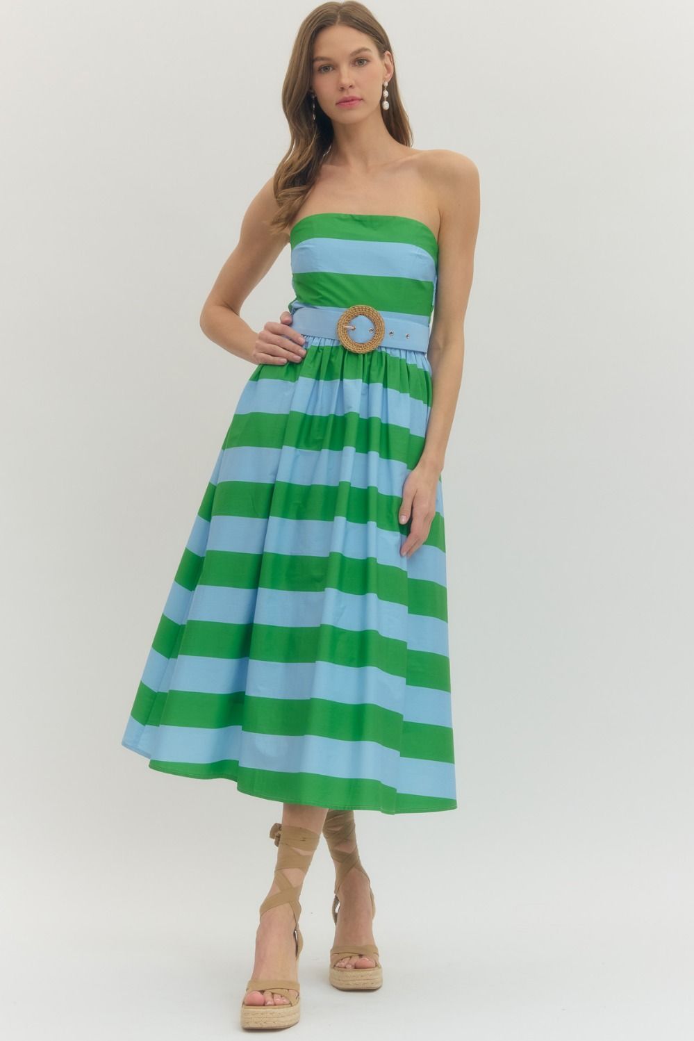 Strapless Striped Midi Dress - Green