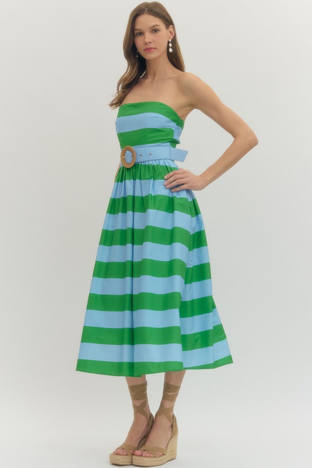 Strapless Striped Midi Dress - Green