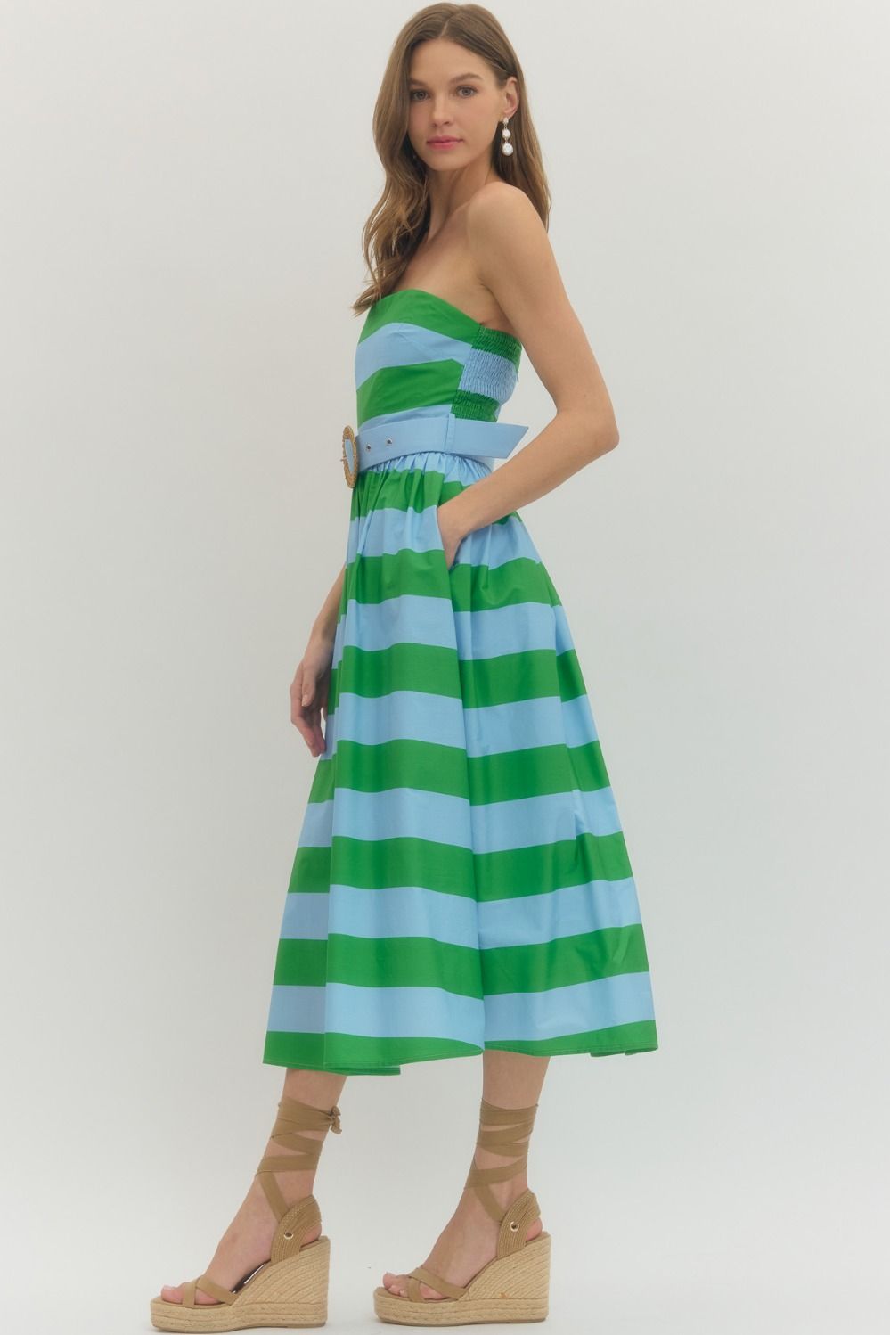 Strapless Striped Midi Dress - Green