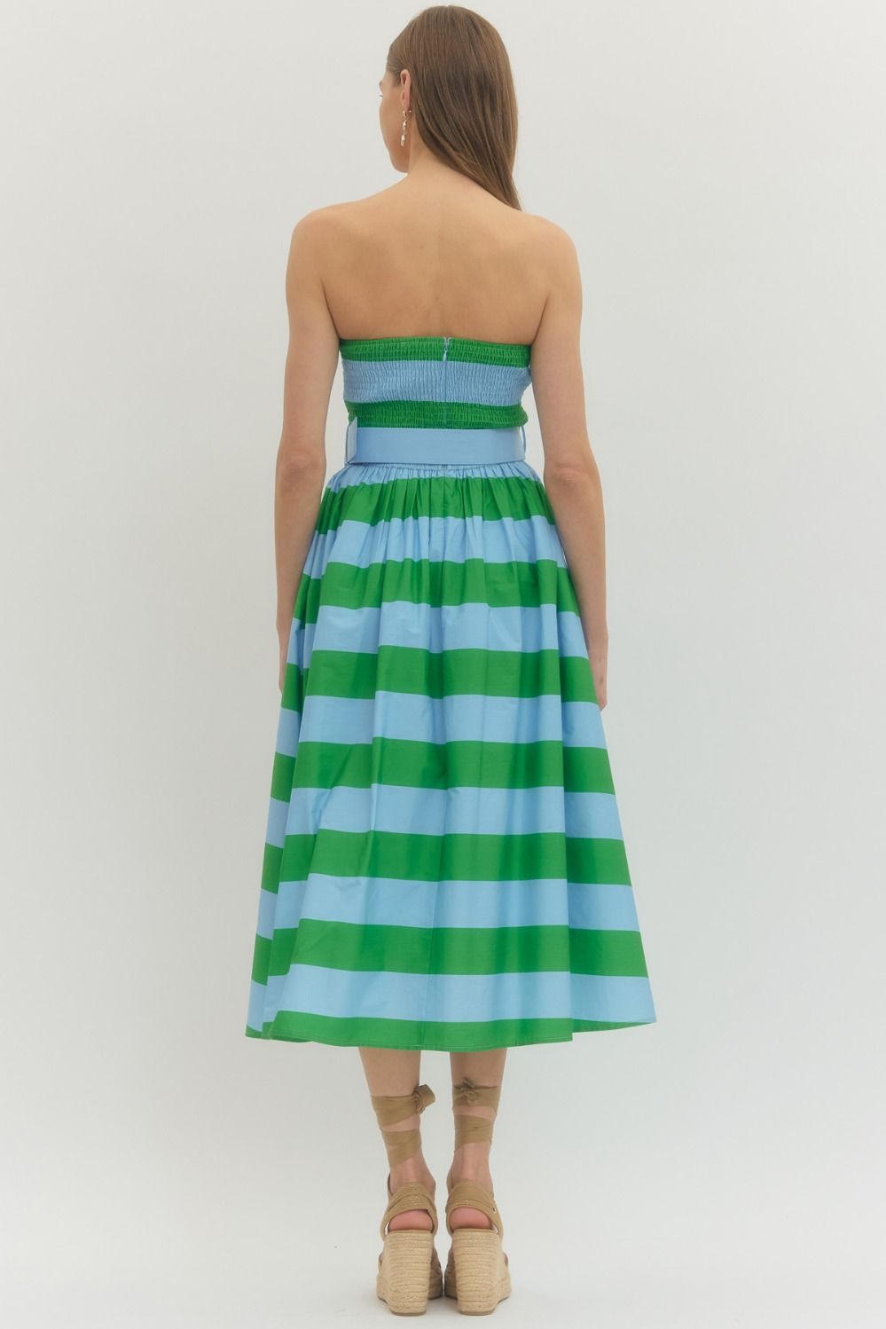 Strapless Striped Midi Dress - Green