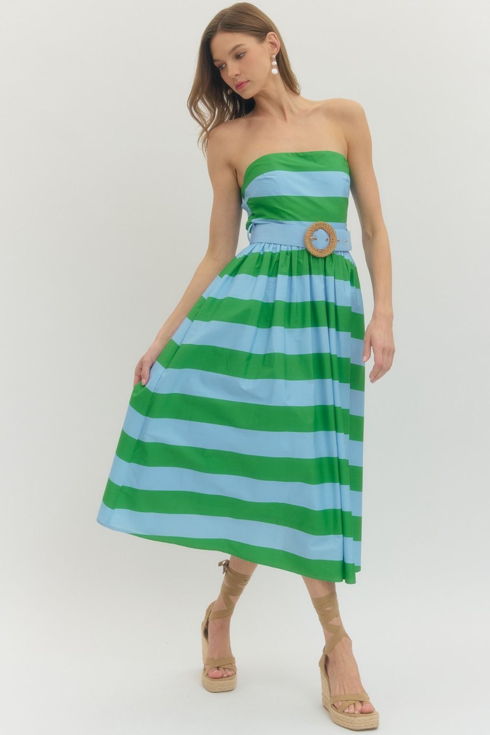 Strapless Striped Midi Dress - Green