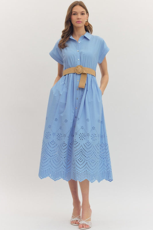 Blue Scalloped Belted Dress