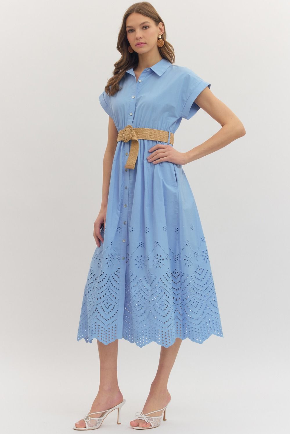 Blue Scalloped Belted Dress