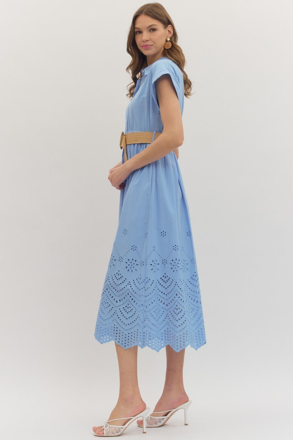 Blue Scalloped Belted Dress