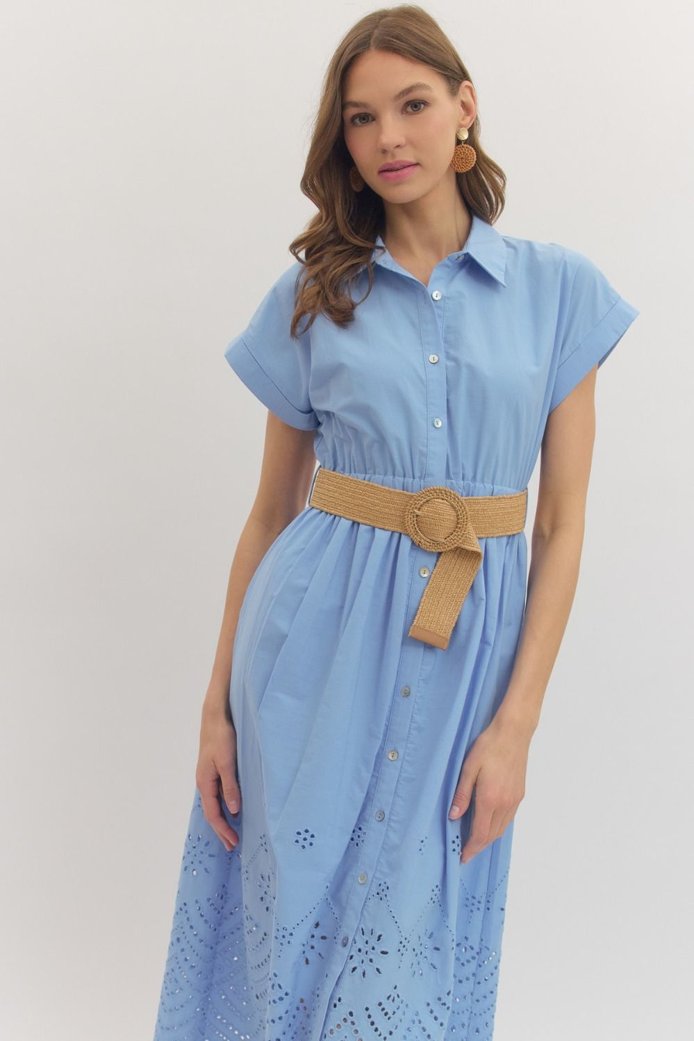 Blue Scalloped Belted Dress