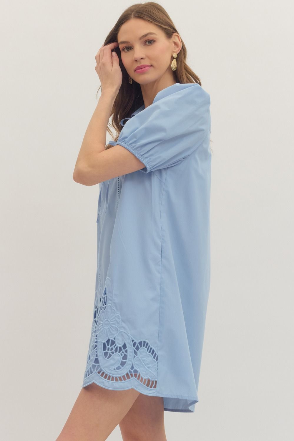 Chambray Puff Sleeve Mini Dress