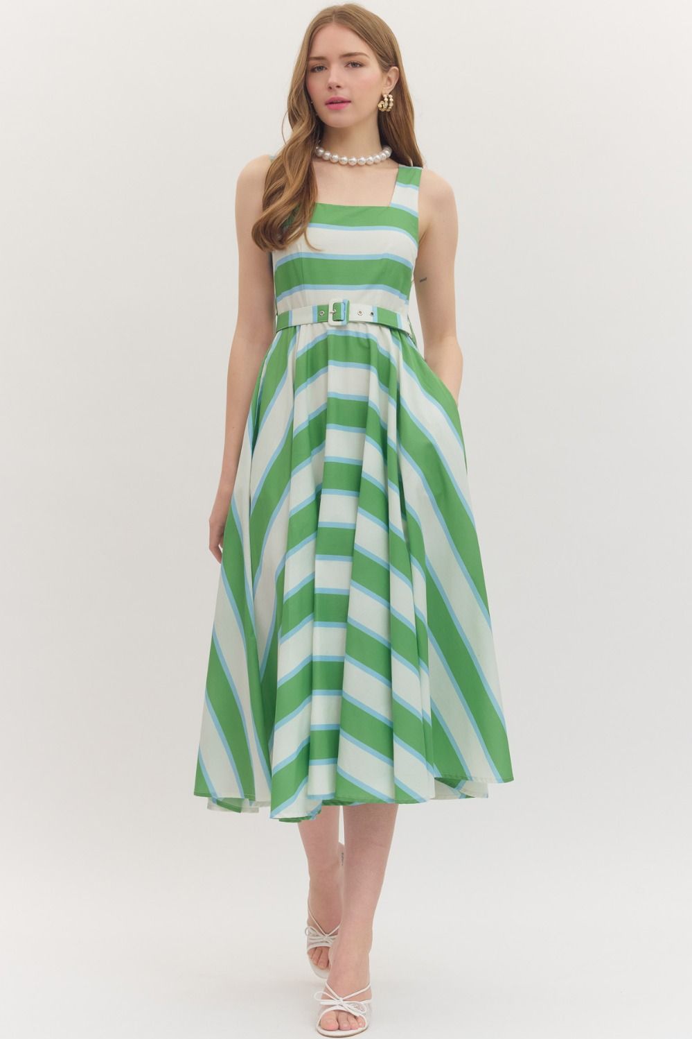 Green Belted Striped Midi Dress