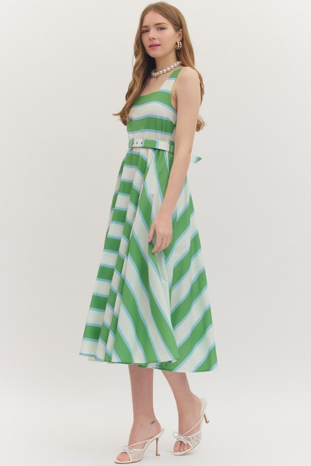 Green Belted Striped Midi Dress