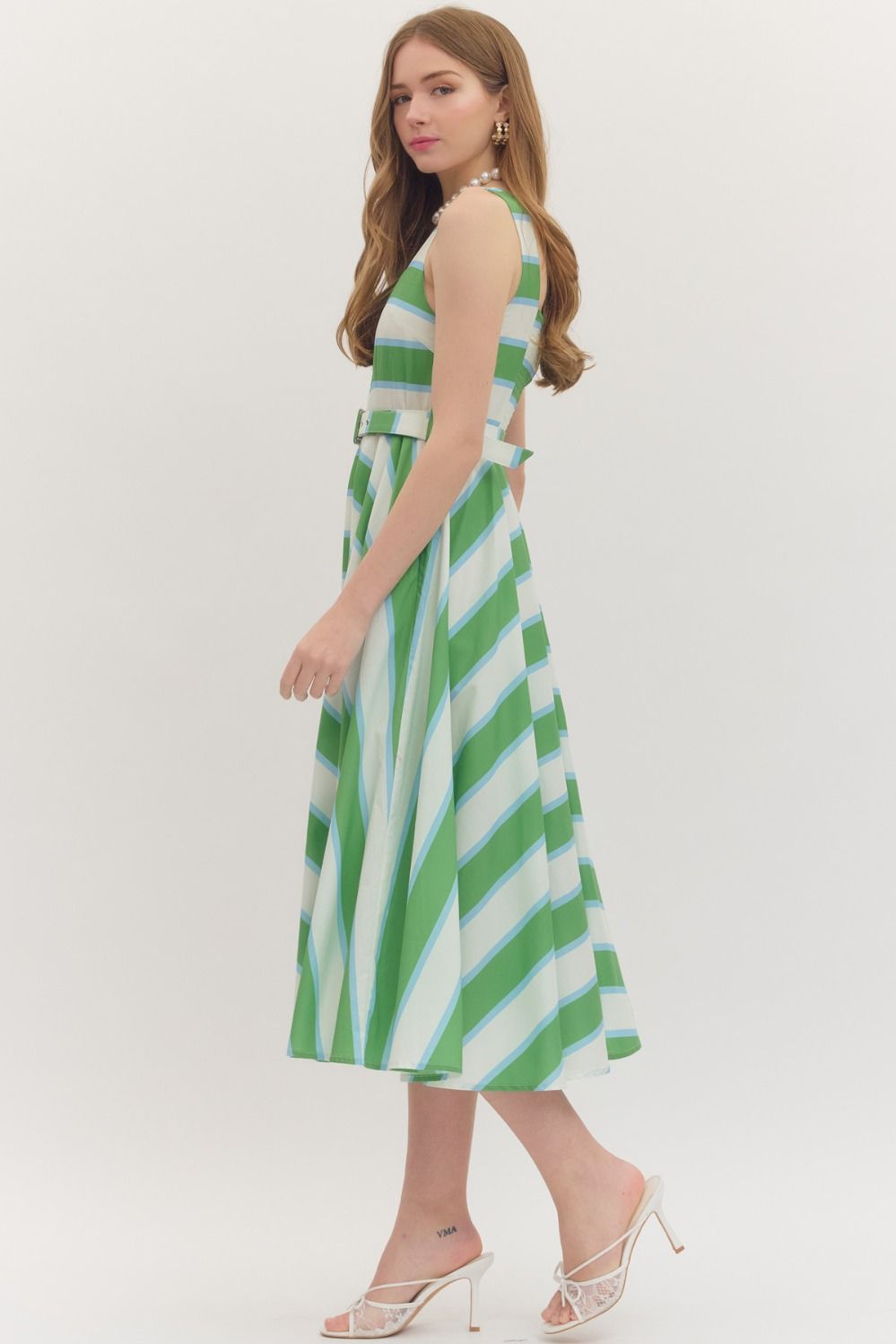 Green Belted Striped Midi Dress