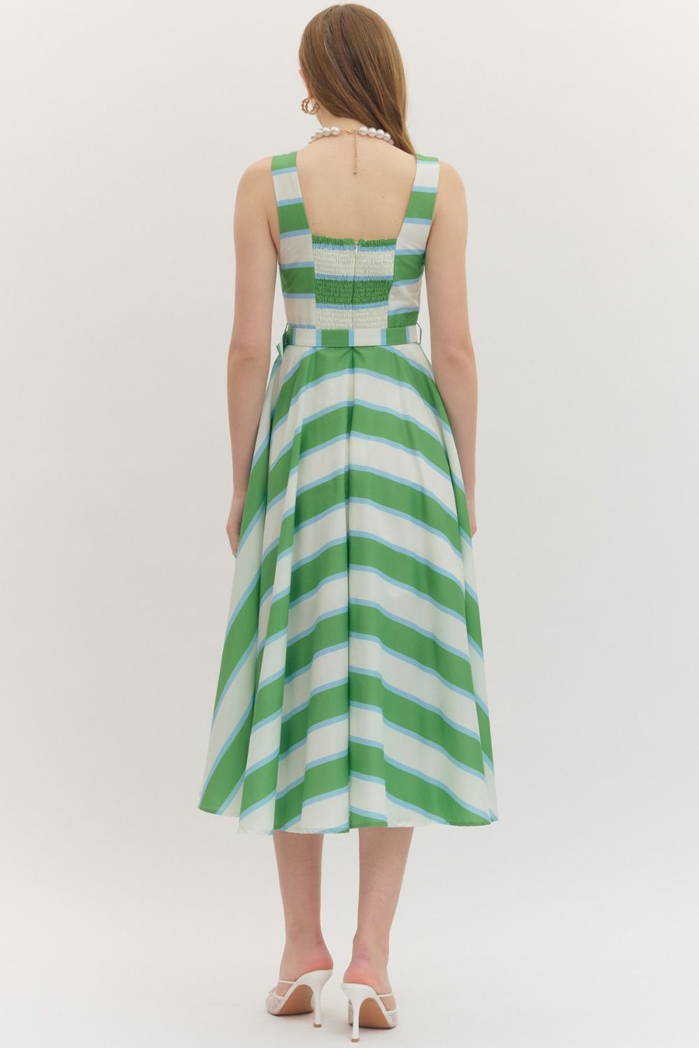 Green Belted Striped Midi Dress