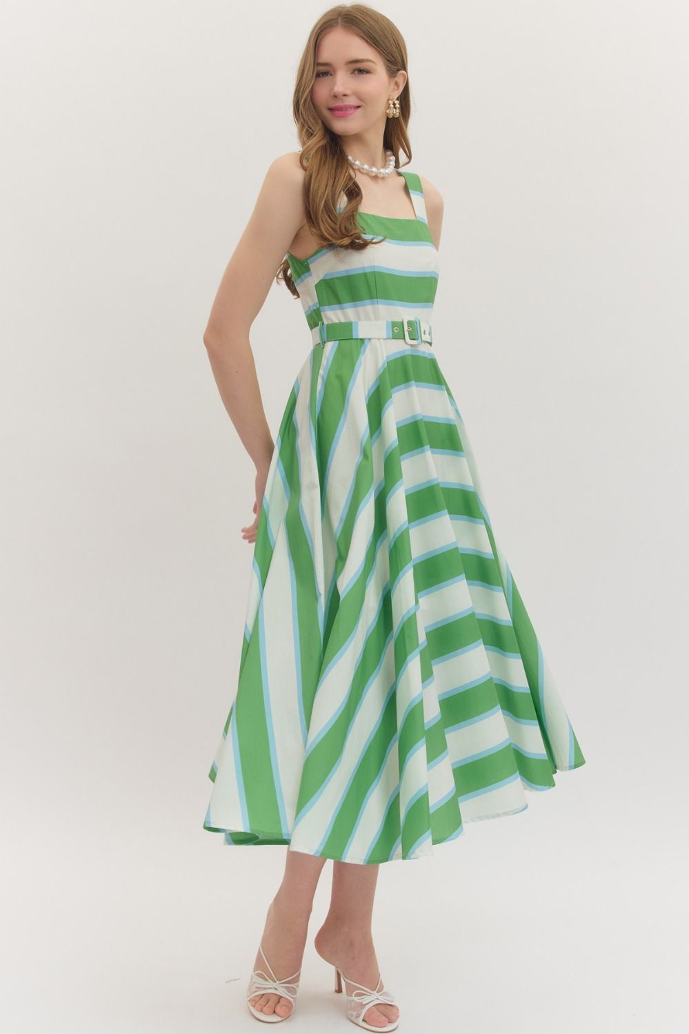 Green Belted Striped Midi Dress