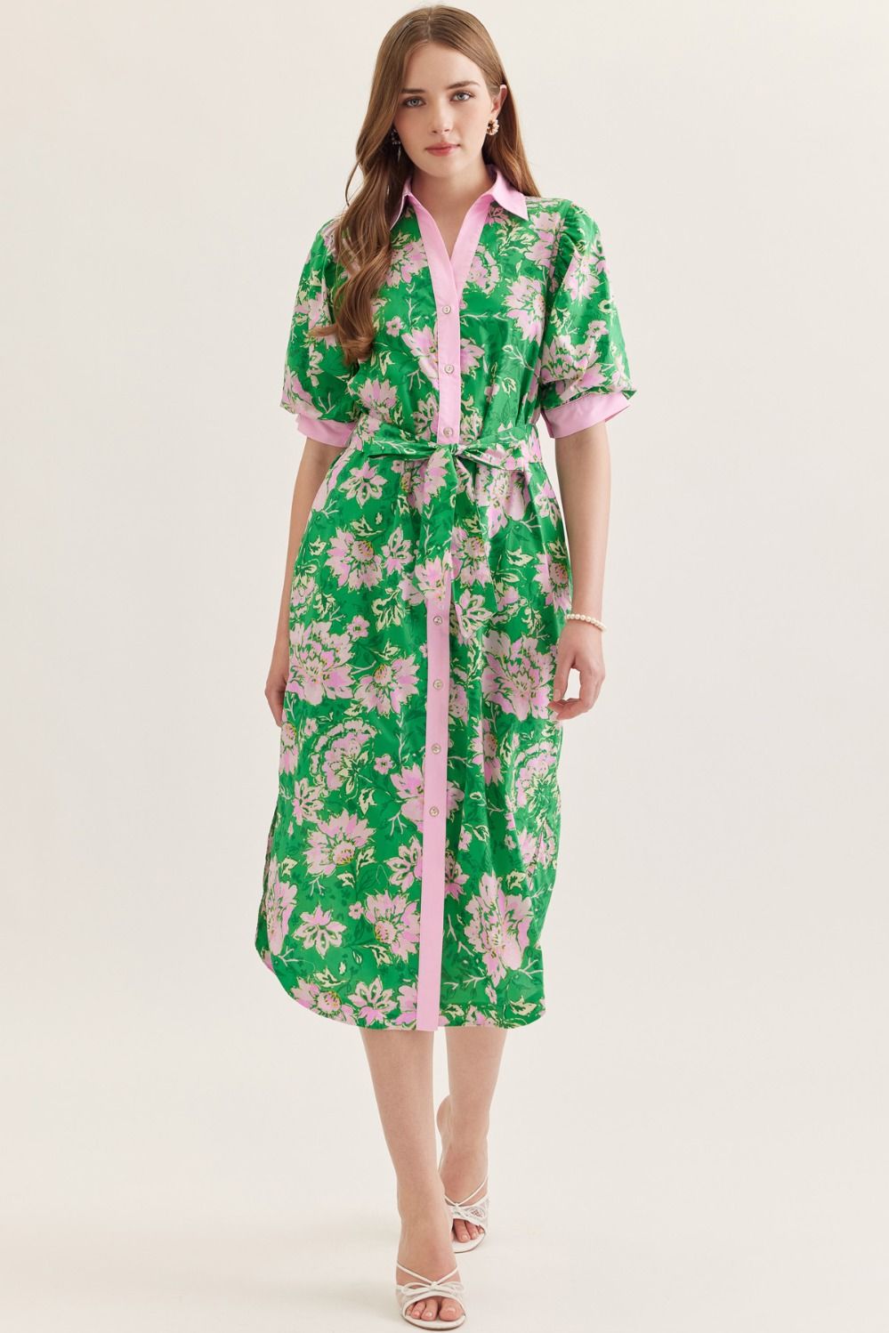 Green And Pink Floral Tie Midi Dress