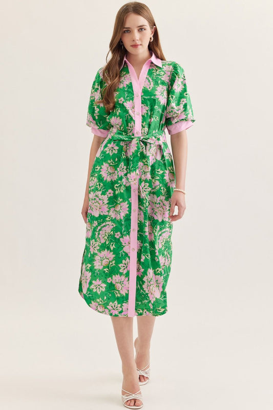 Green And Pink Floral Tie Midi Dress