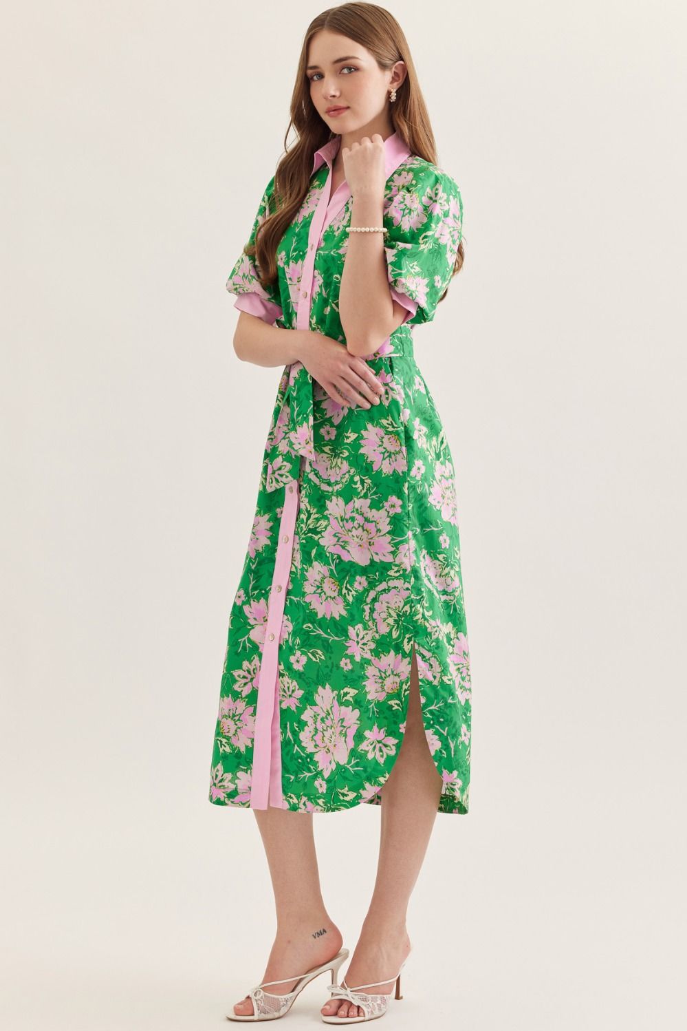 Green And Pink Floral Tie Midi Dress