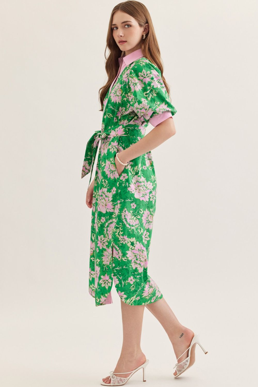 Green And Pink Floral Tie Midi Dress