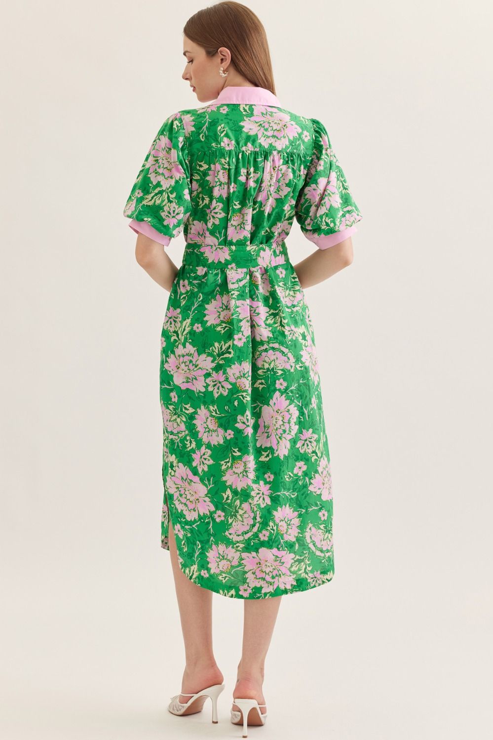 Green And Pink Floral Tie Midi Dress