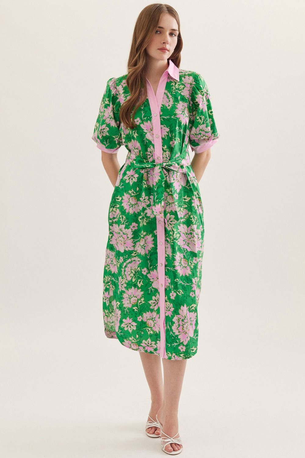 Green And Pink Floral Tie Midi Dress