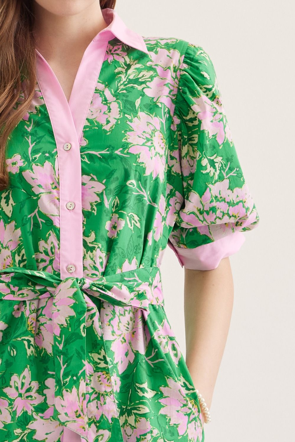Green And Pink Floral Tie Midi Dress