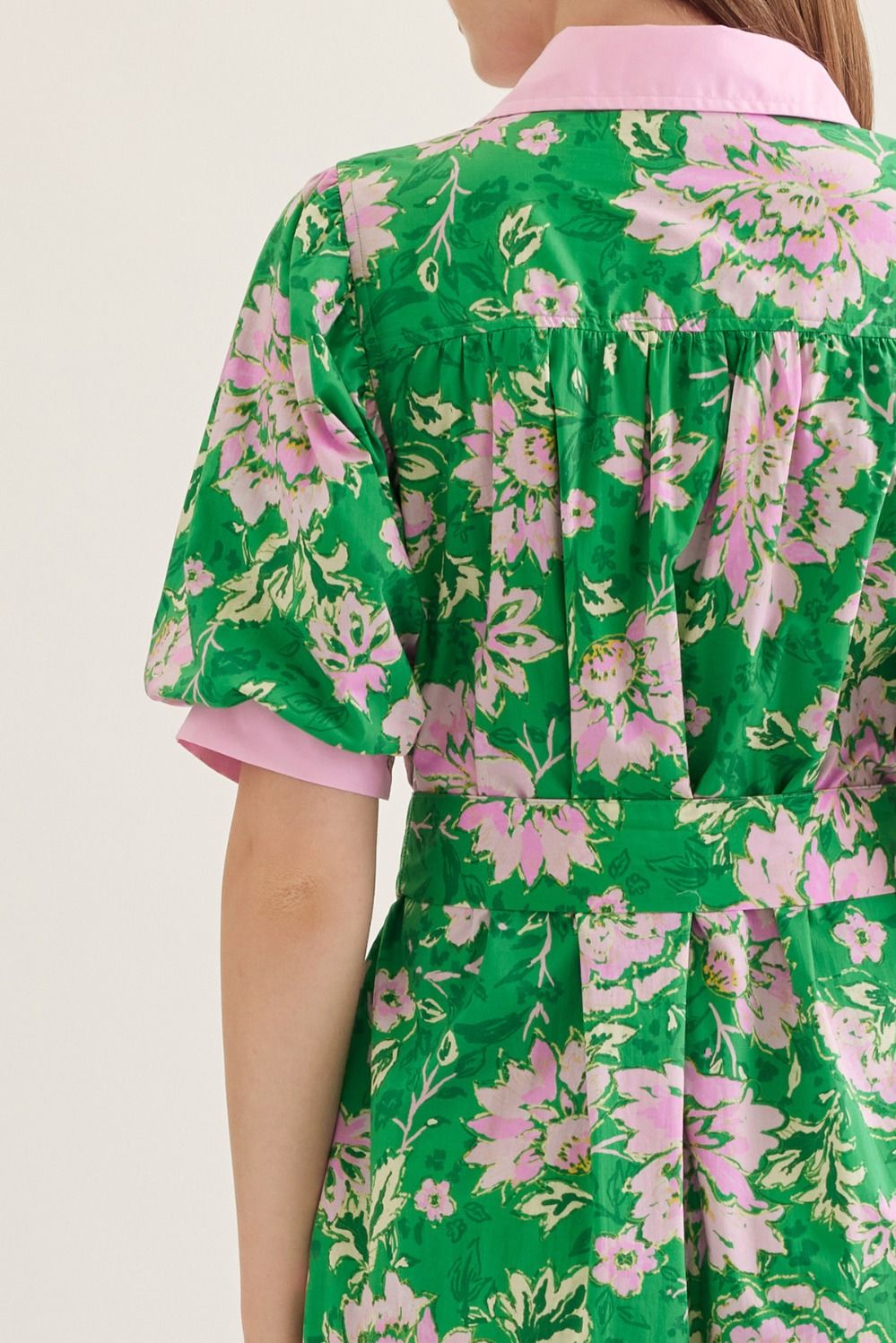 Green And Pink Floral Tie Midi Dress