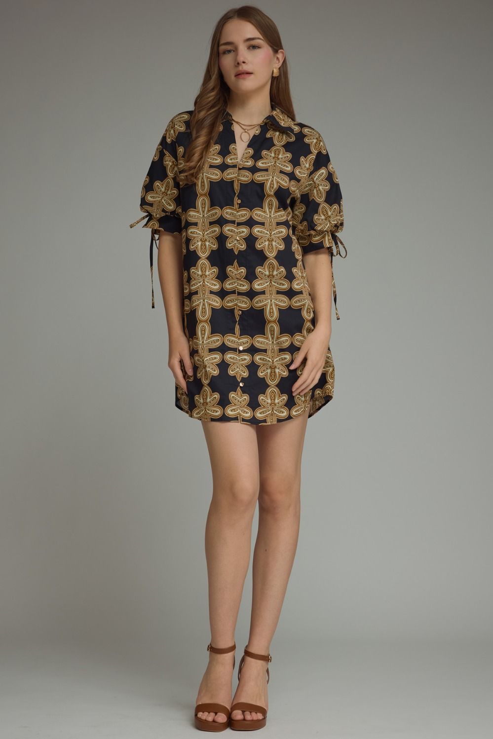 Black Printed Tie Sleeve Mini Dress