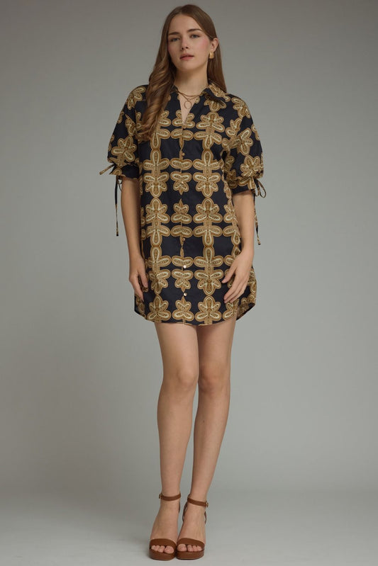 Black Printed Tie Sleeve Mini Dress