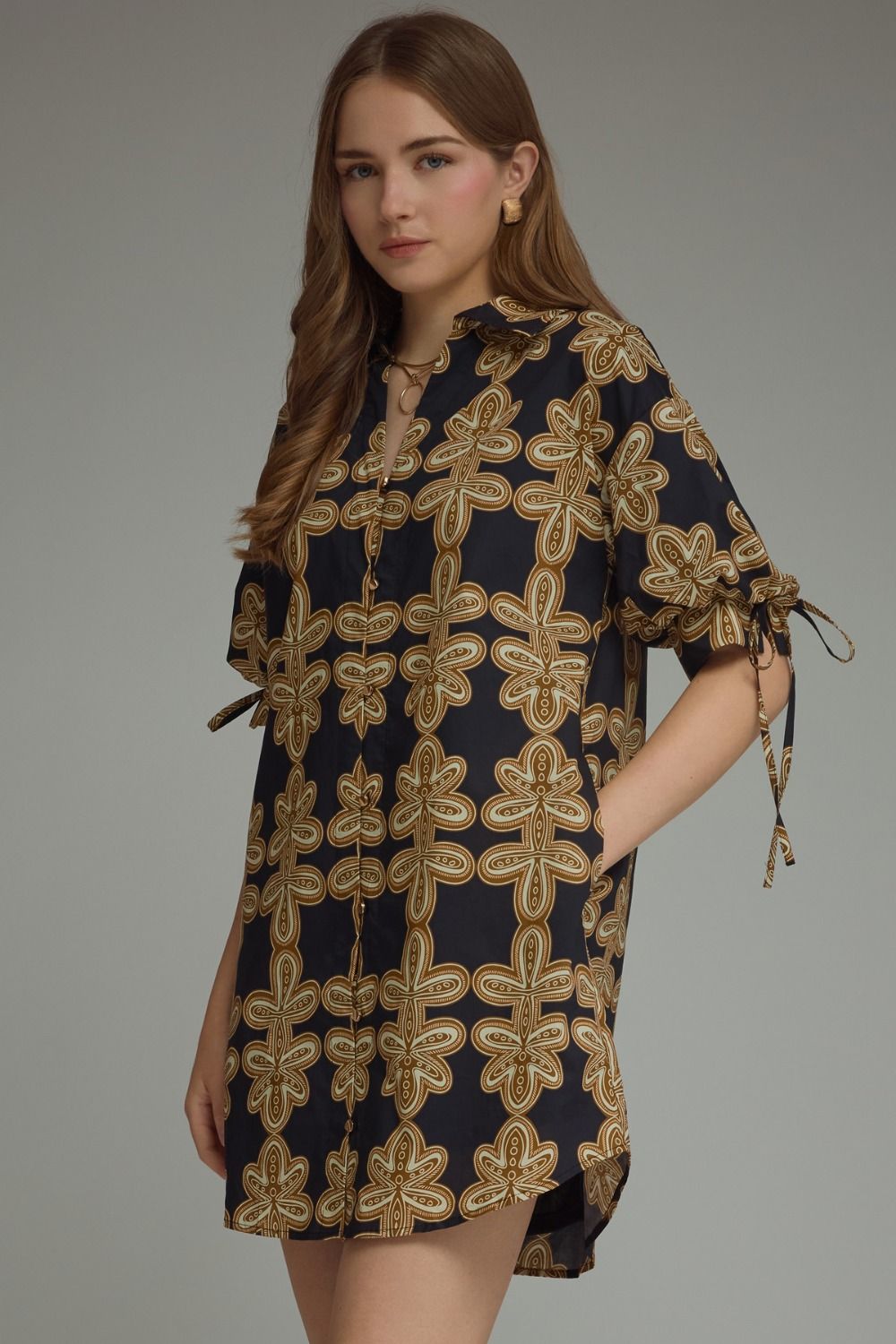 Black Printed Tie Sleeve Mini Dress