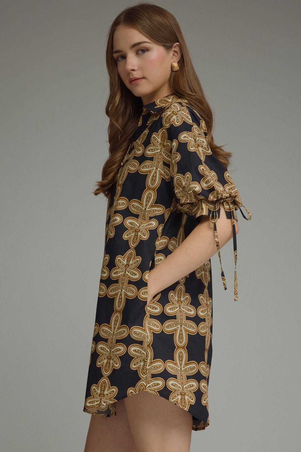 Black Printed Tie Sleeve Mini Dress