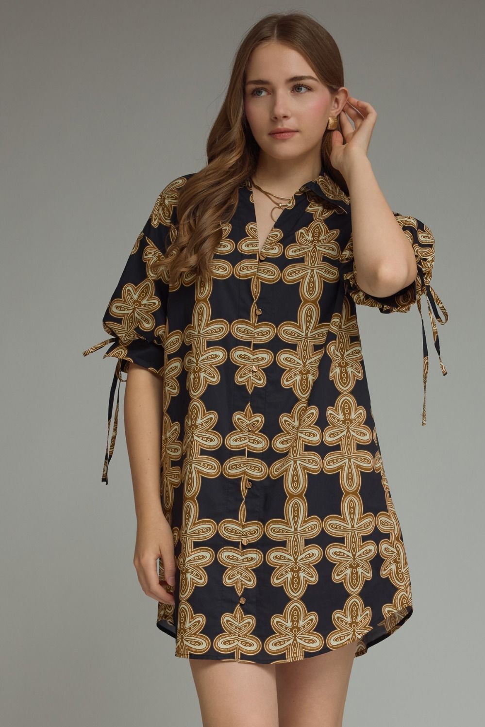 Black Printed Tie Sleeve Mini Dress