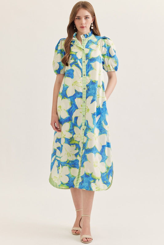 White Flower Puff Sleeve Midi Dress