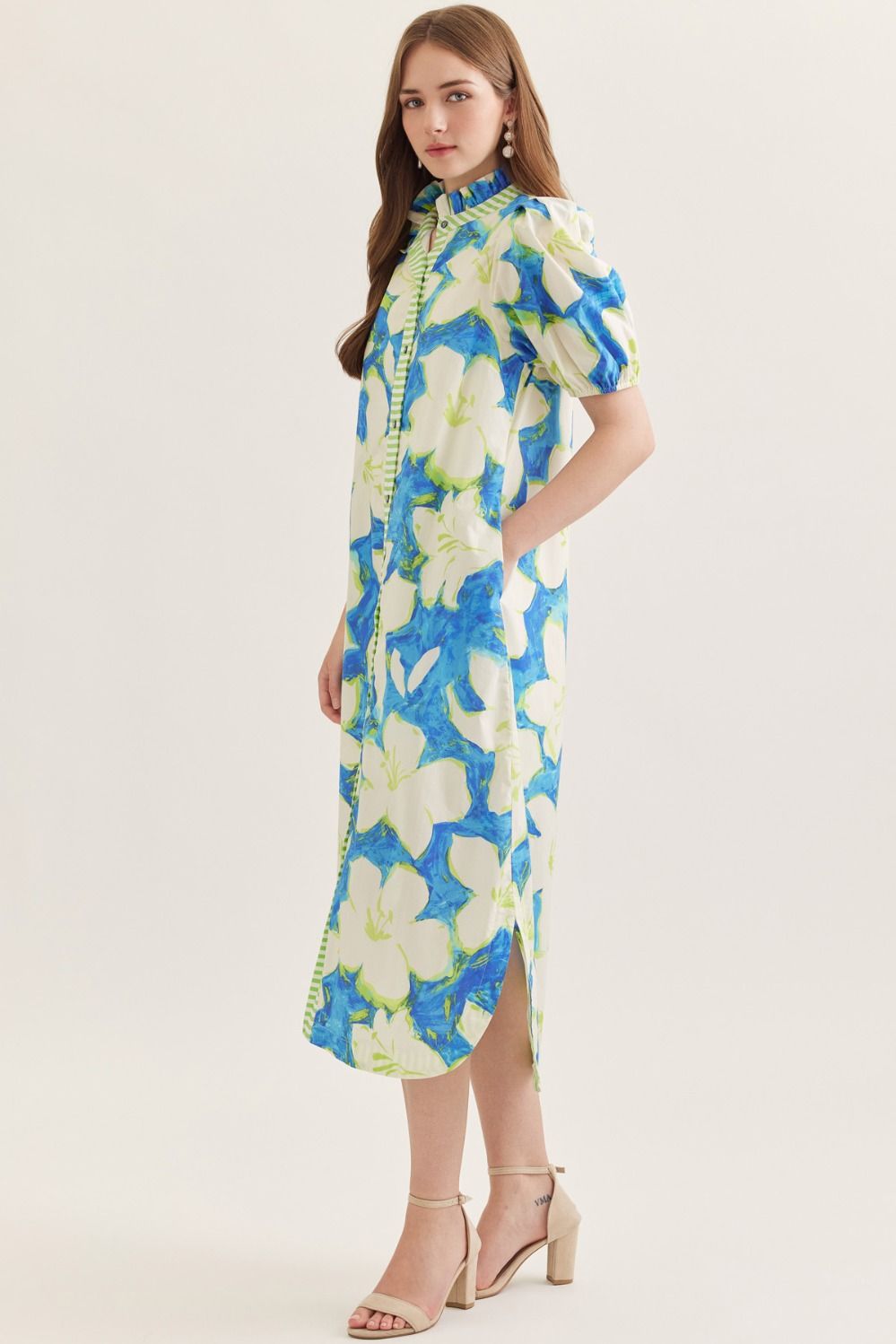 White Flower Puff Sleeve Midi Dress