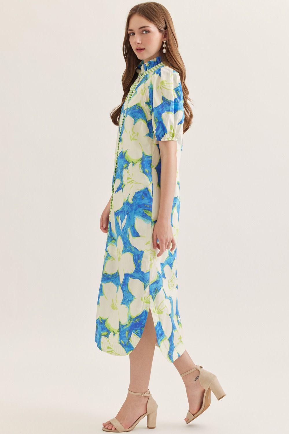 White Flower Puff Sleeve Midi Dress