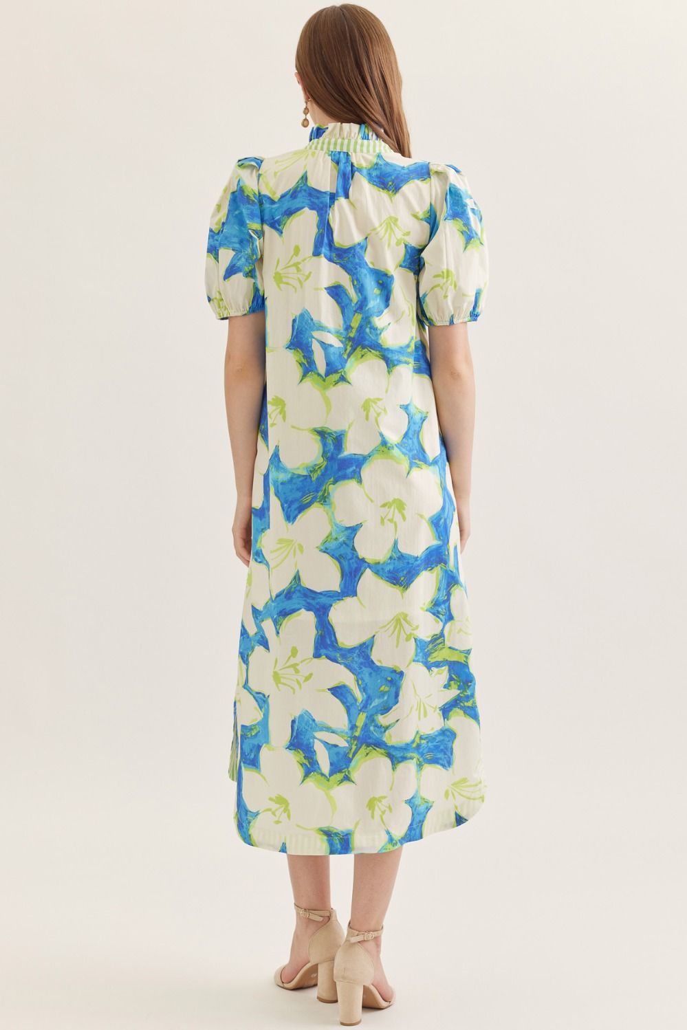 White Flower Puff Sleeve Midi Dress