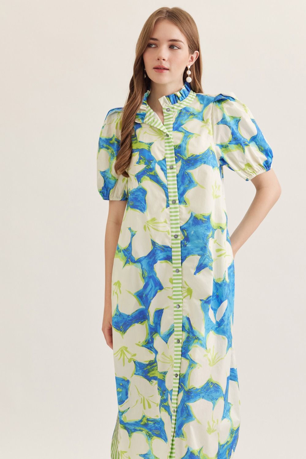 White Flower Puff Sleeve Midi Dress