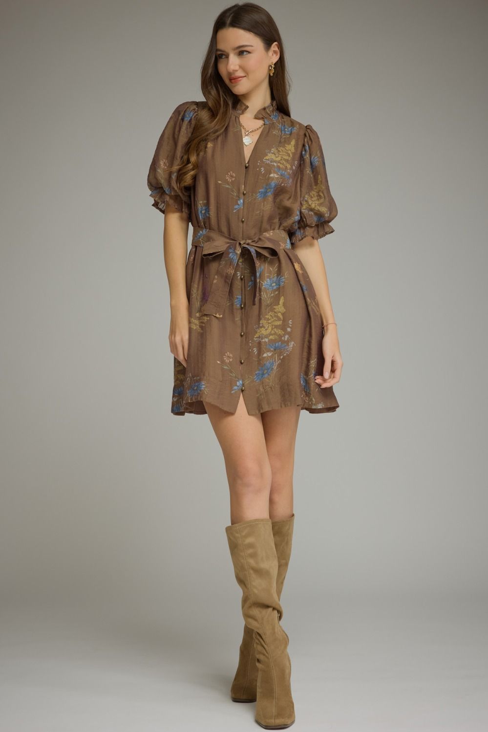 Brown Fall Floral Tie Dress