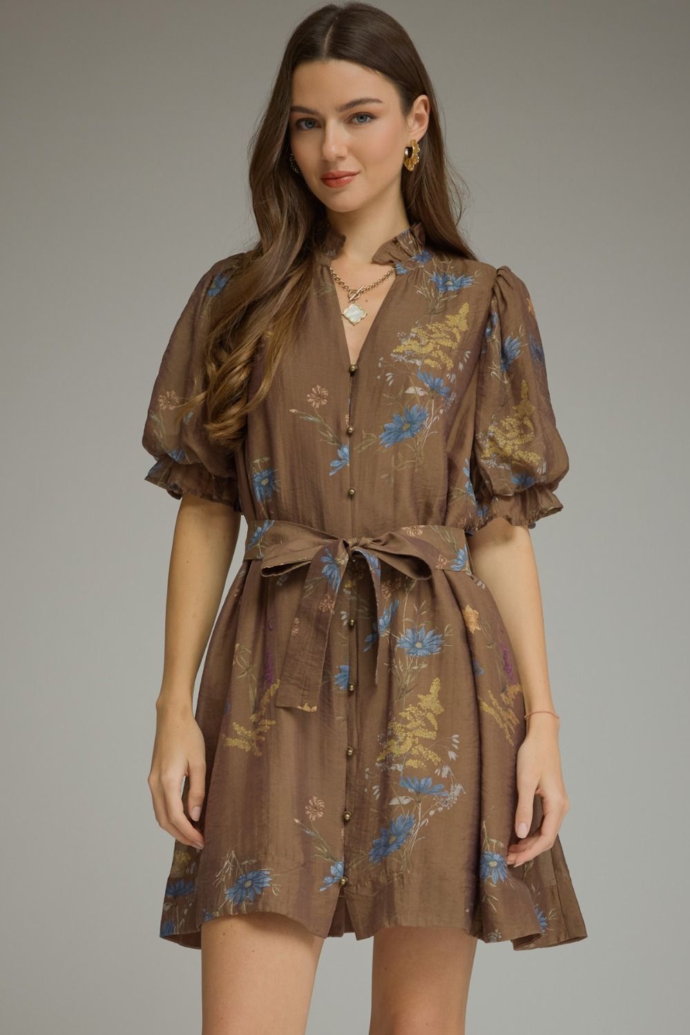 Brown Fall Floral Tie Dress