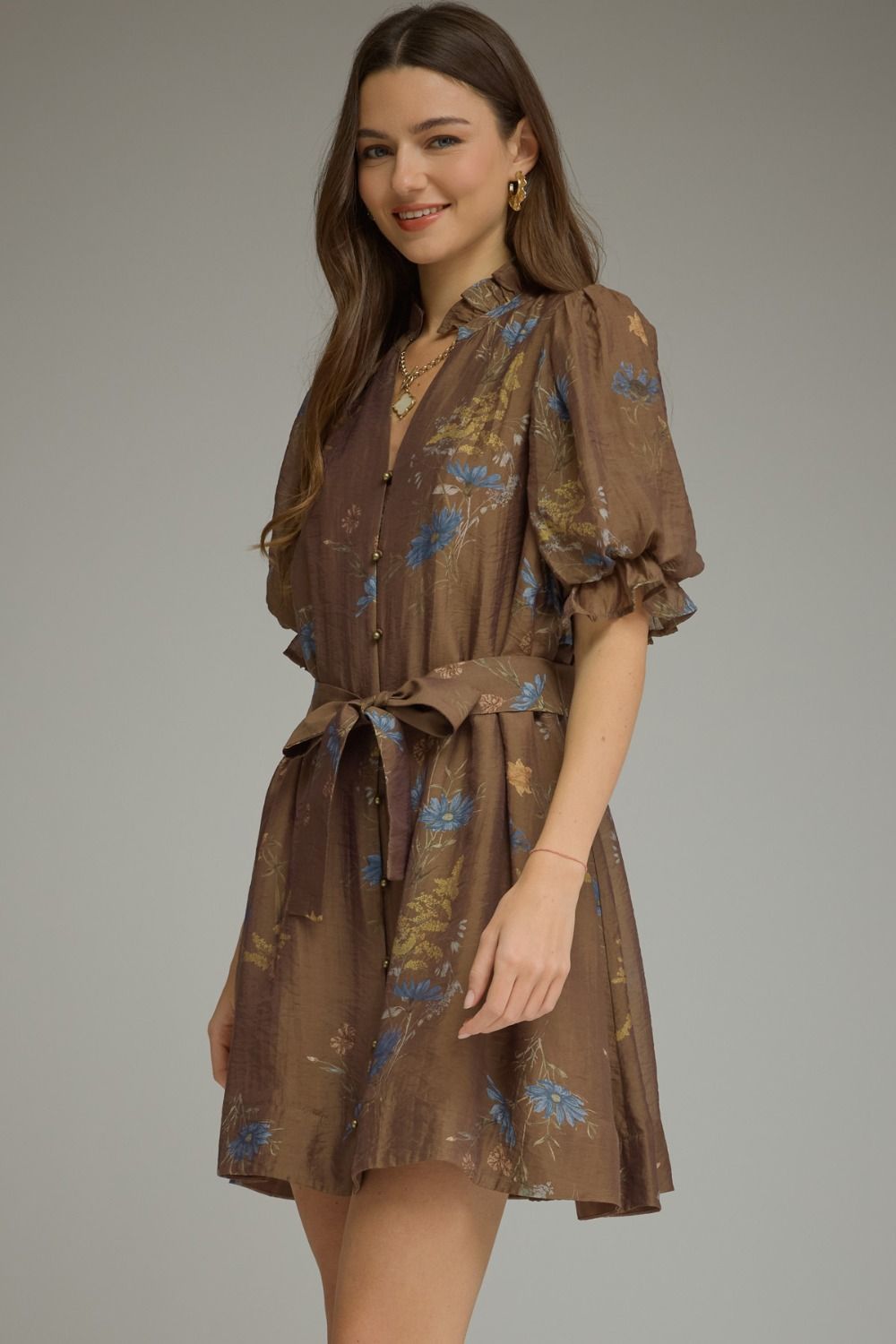 Brown Fall Floral Tie Dress