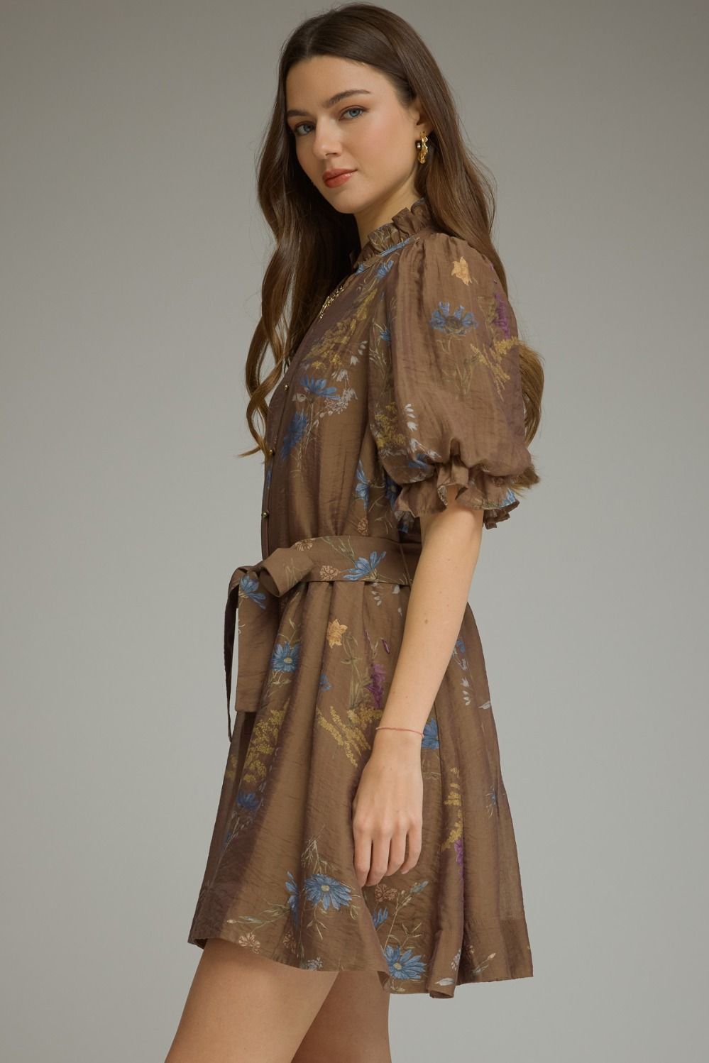 Brown Fall Floral Tie Dress