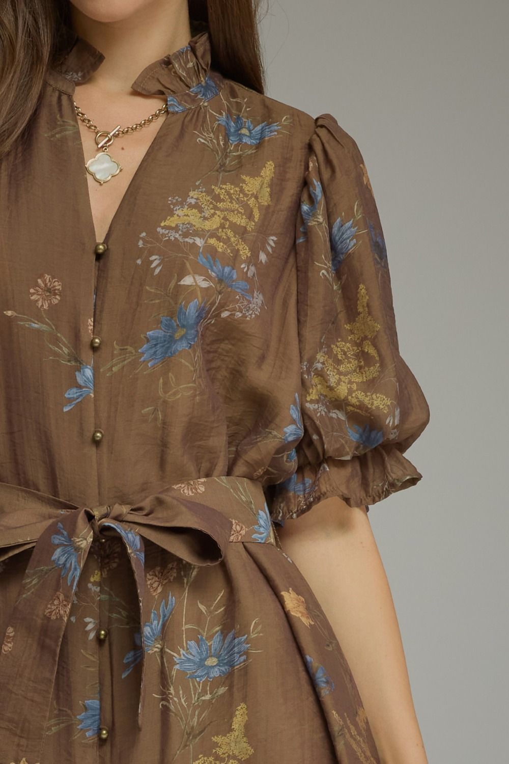 Brown Fall Floral Tie Dress