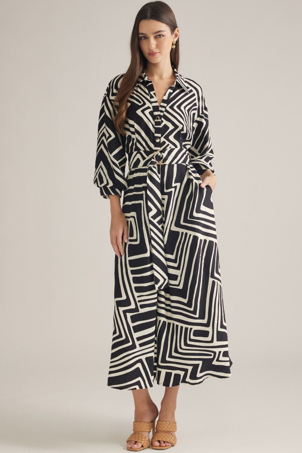 Black Geometric Belted Midi Dress