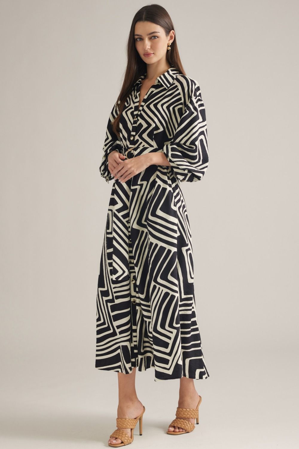 Black Geometric Belted Midi Dress