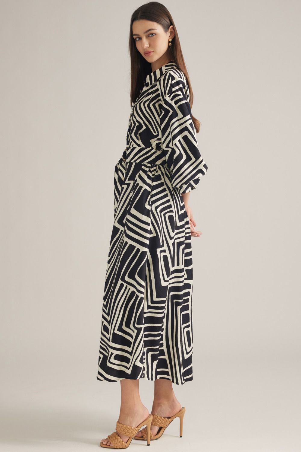 Black Geometric Belted Midi Dress