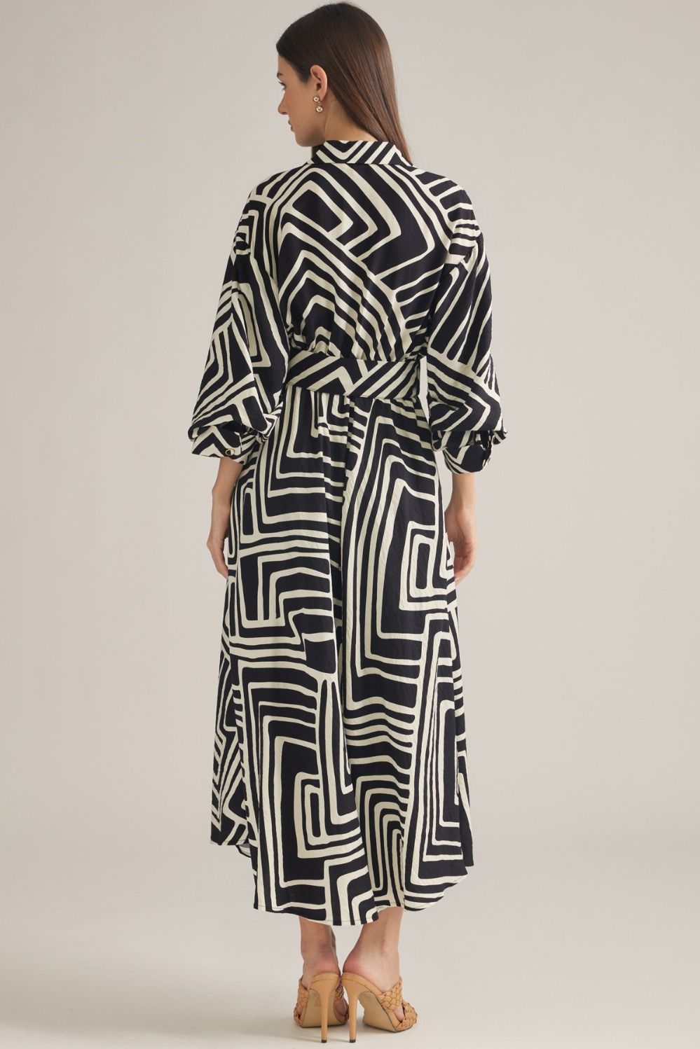 Black Geometric Belted Midi Dress